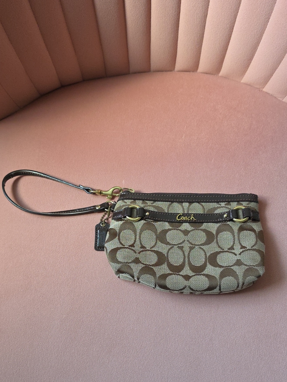 Coach Signature Canvas Wristlet in Brown and Tan with Leather Trim